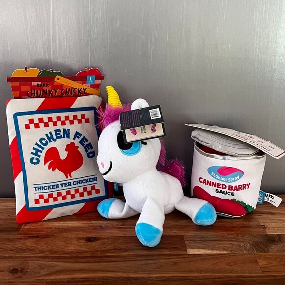 Lot 3 Bark Box Large Dog Toys Bob Unicorn Canned Barry Sauce Chunky Chicken Feed - Picture 1 of 12